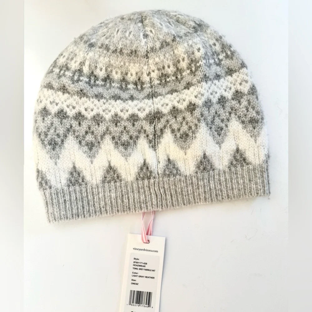 Vineyard Vines Tonal Grey Fairisle Hat Cashmere Wool Beanie NWT Preppy OS
